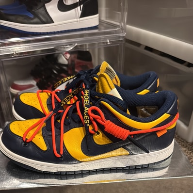 Off-White × Nike Dunk Low LTHR "University Gold/Midnight Navy/White"