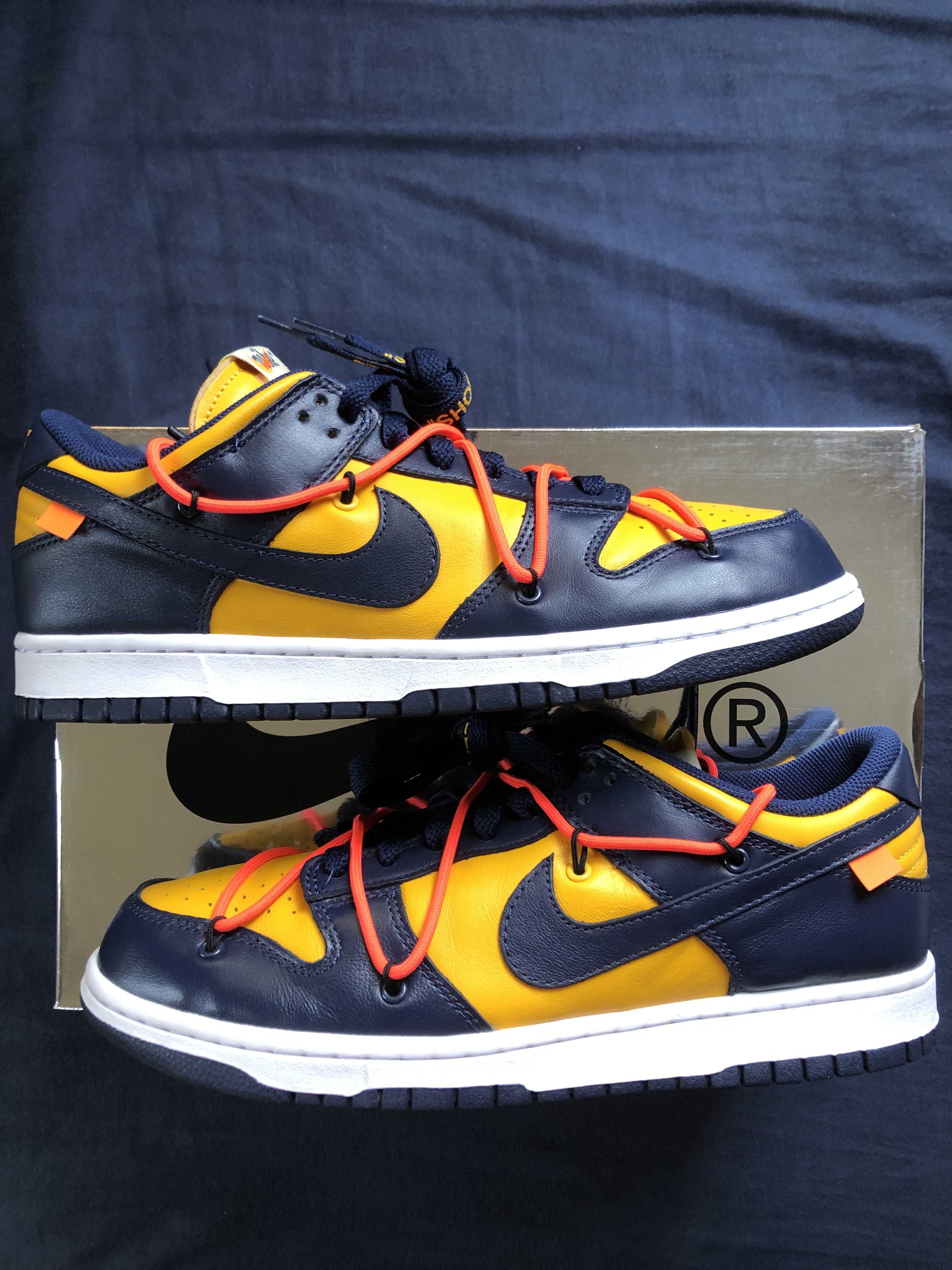 Off-White × Nike Dunk Low LTHR "University Gold/Midnight Navy/White"