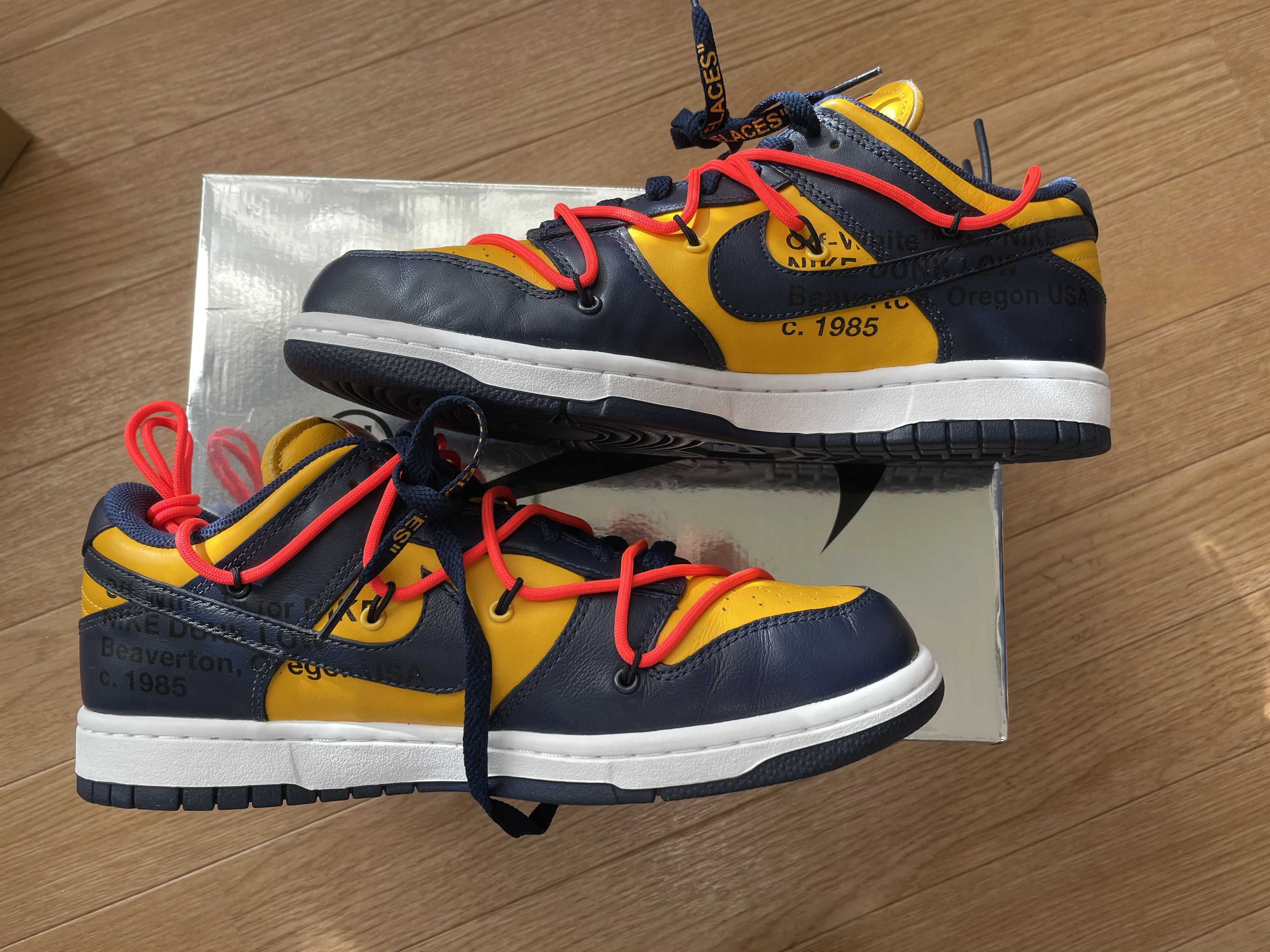 Off-White × Nike Dunk Low LTHR "University Gold/Midnight Navy/White"