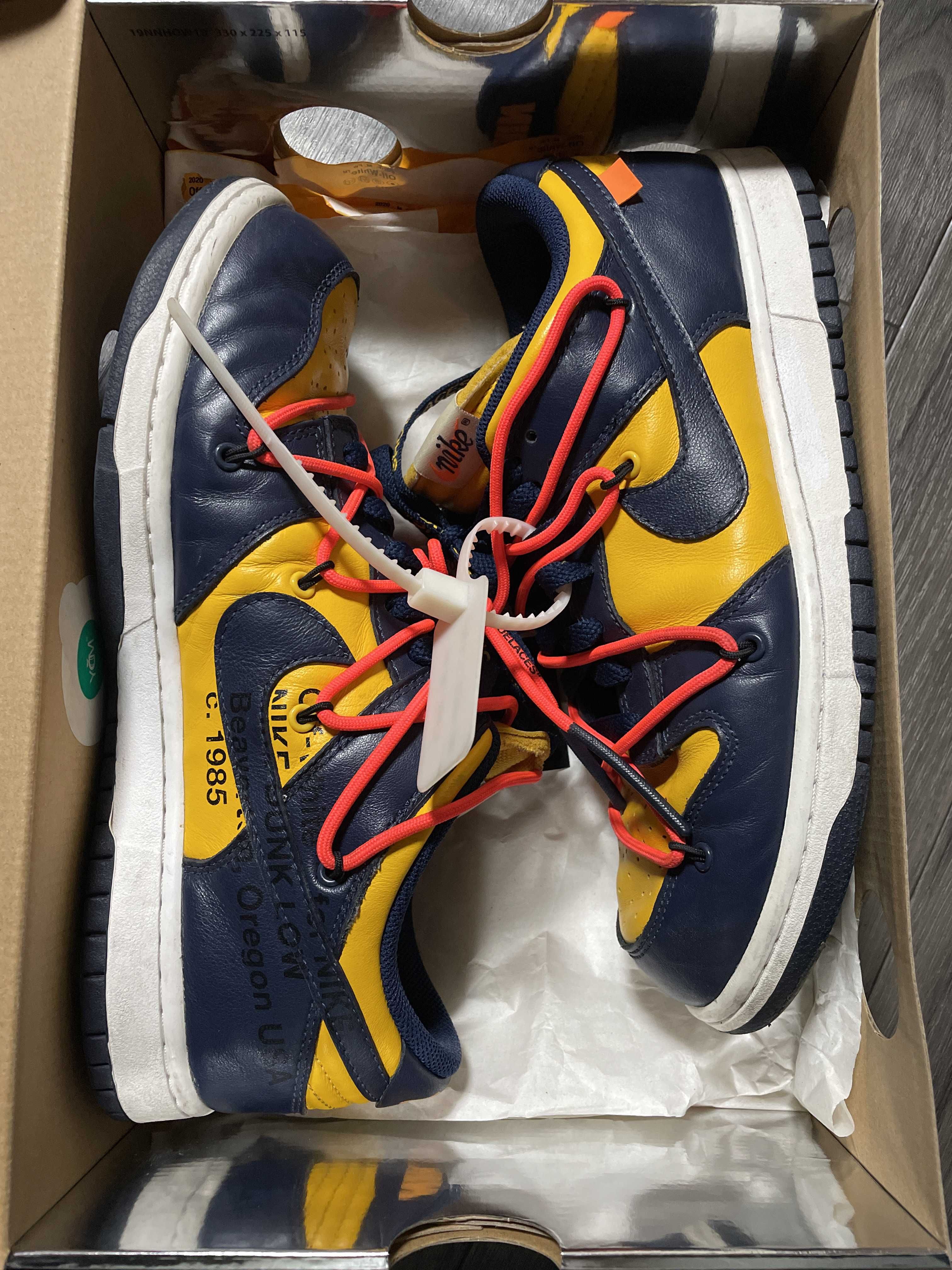 Off-White × Nike Dunk Low  LTHR "University Gold/Midnight Navy/White"