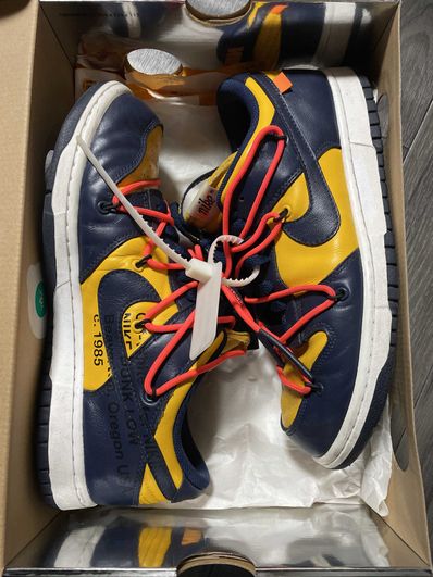 Off-White × Nike Dunk Low LTHR "University Gold/Midnight Navy/White"
