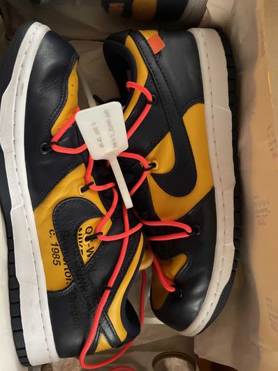 Off-White × Nike Dunk Low LTHR "University Gold/Midnight Navy/White"