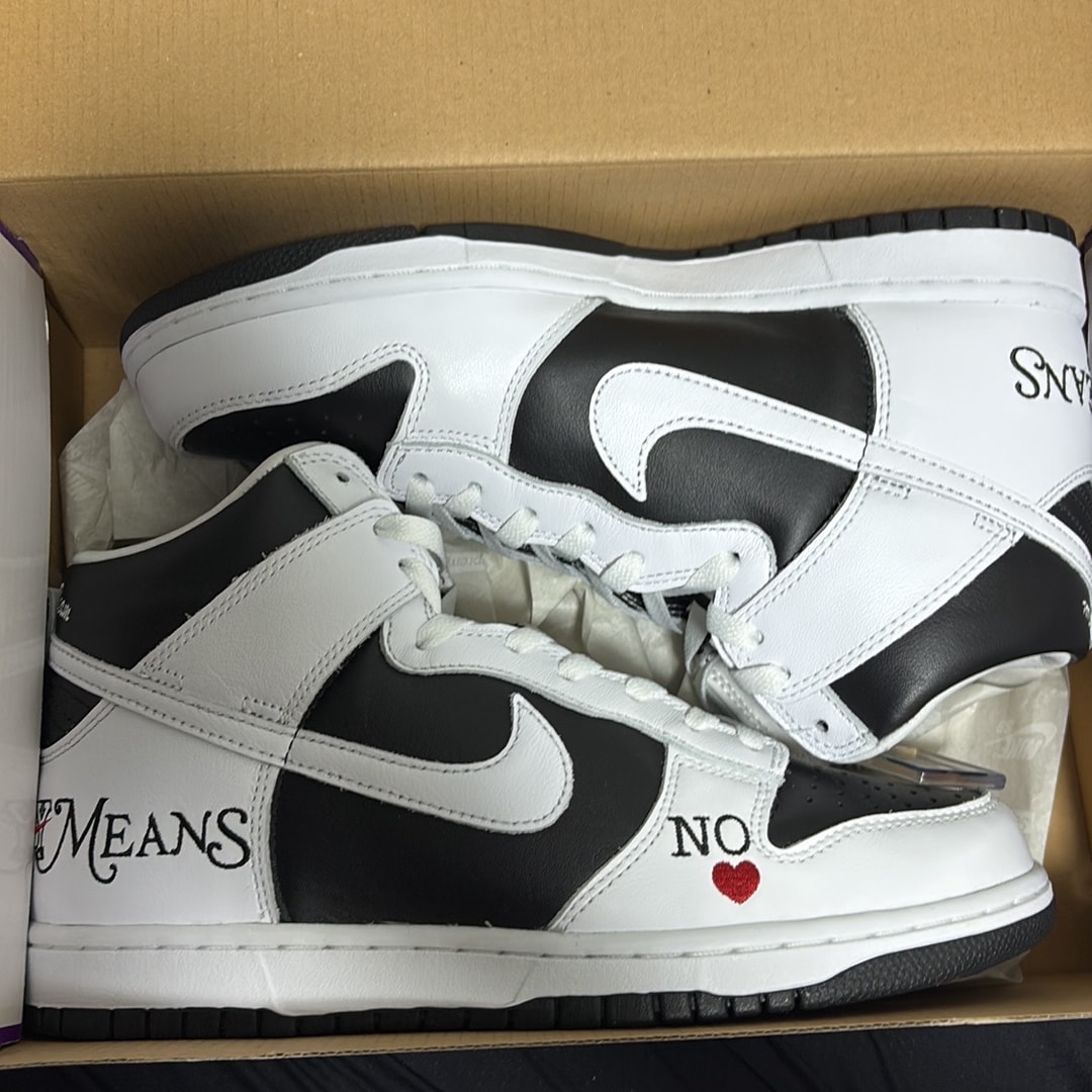 Supreme × Nike SB Dunk High By Any Means "White Black"