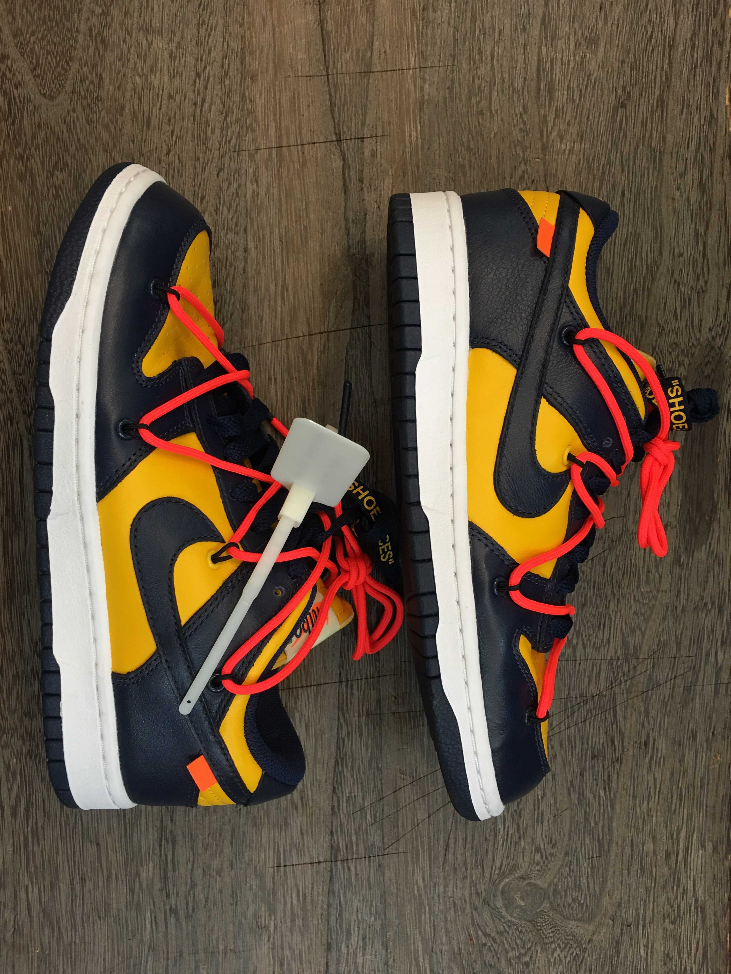 Off-White × Nike Dunk Low  LTHR "University Gold/Midnight Navy/White"