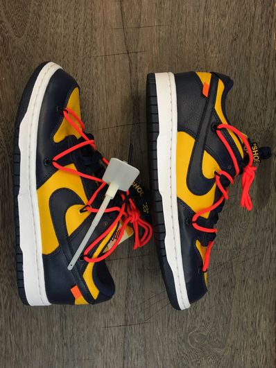 Off-White × Nike Dunk Low LTHR "University Gold/Midnight Navy/White"
