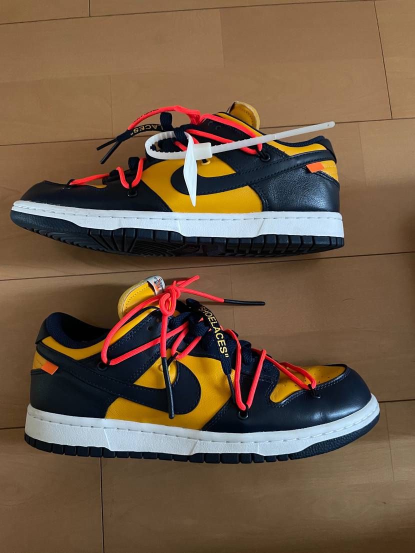 Off-White × Nike Dunk Low LTHR "University Gold/Midnight Navy/White"