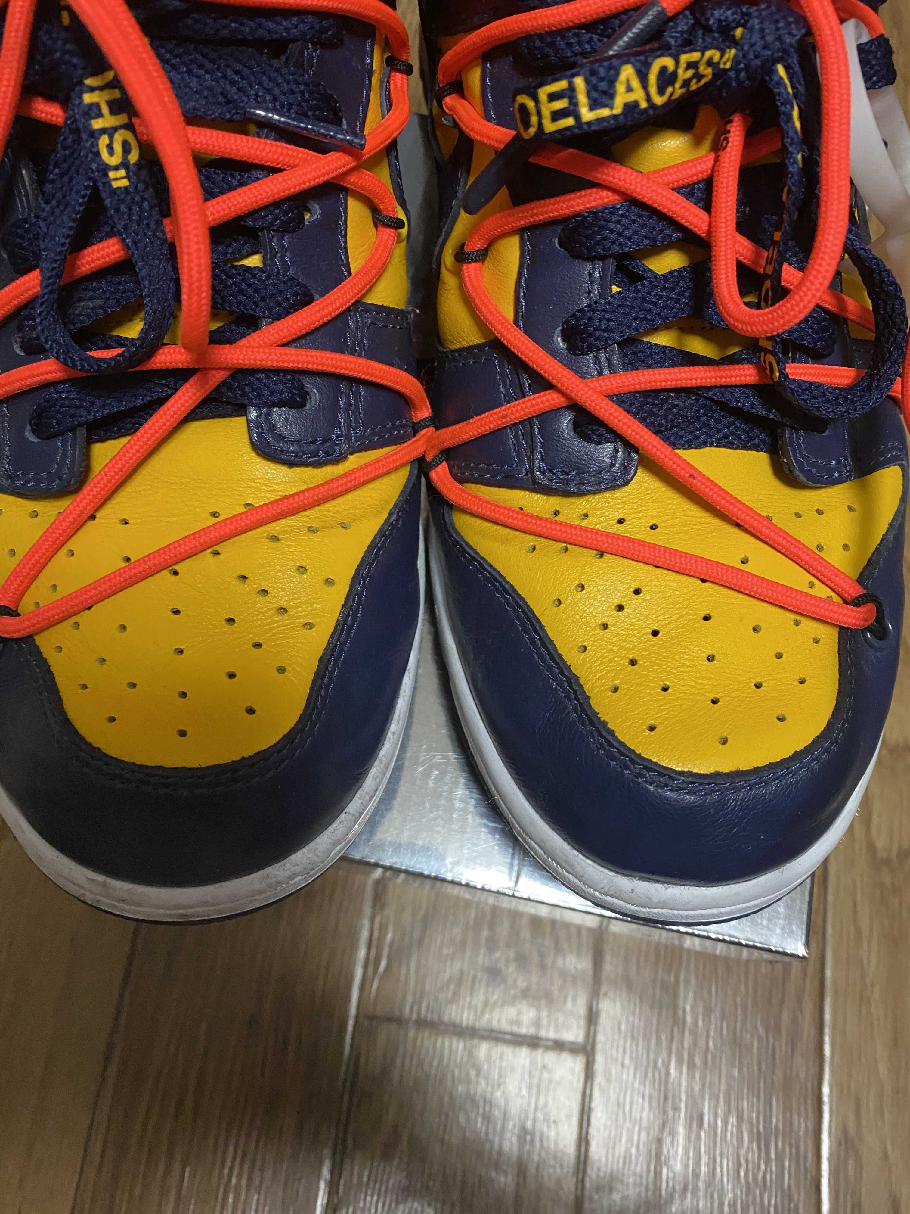 Off-White × Nike Dunk Low  LTHR "University Gold/Midnight Navy/White"