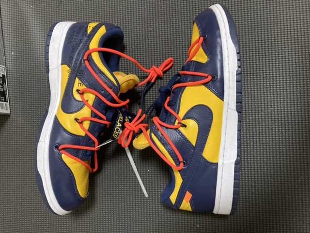 Off-White × Nike Dunk Low LTHR "University Gold/Midnight Navy/White"