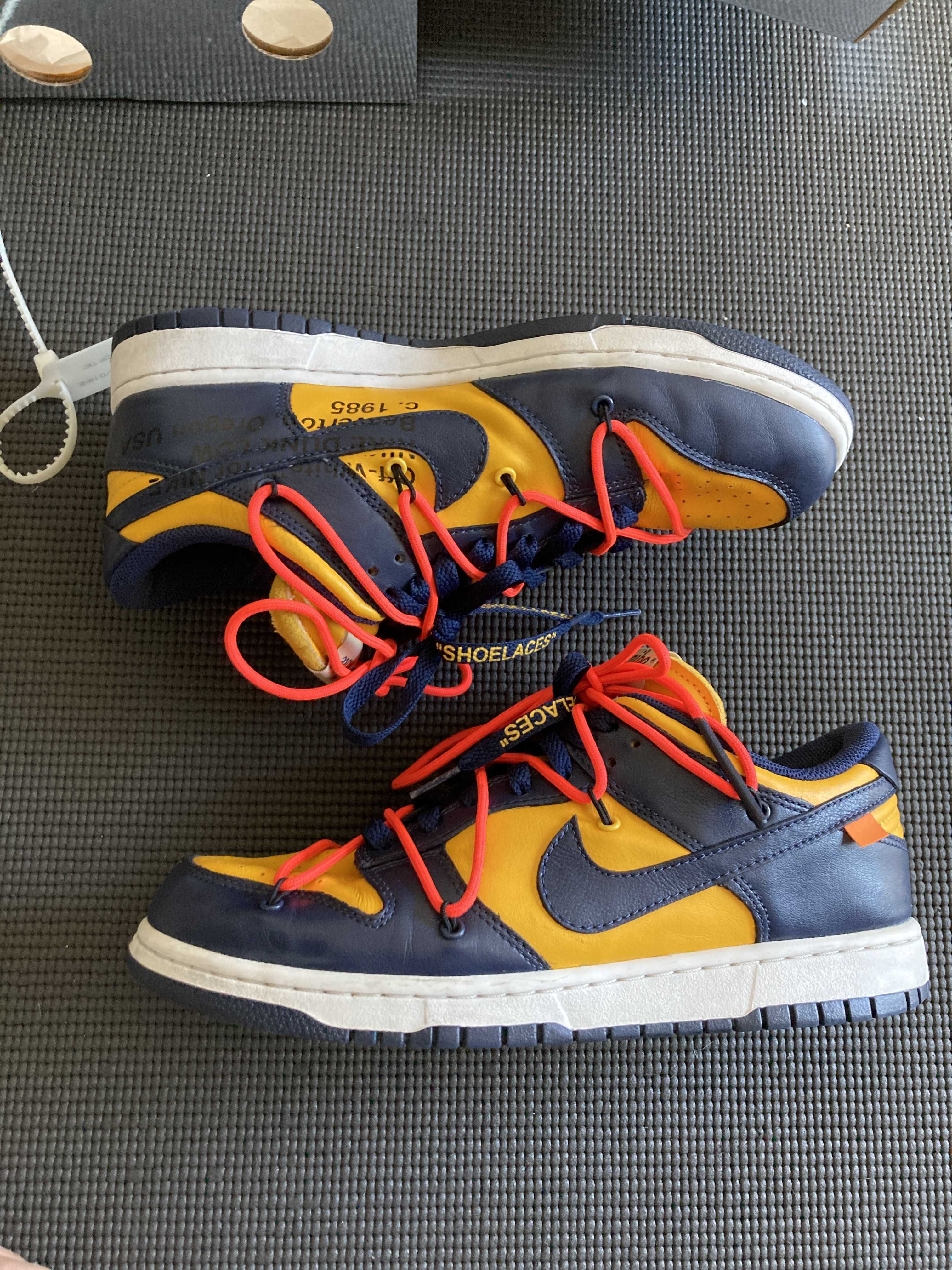 Off-White × Nike Dunk Low LTHR "University Gold/Midnight Navy/White"