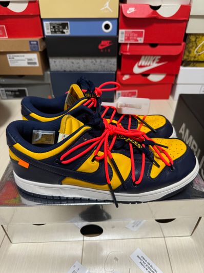 Off-White × Nike Dunk Low LTHR "University Gold/Midnight Navy/White"