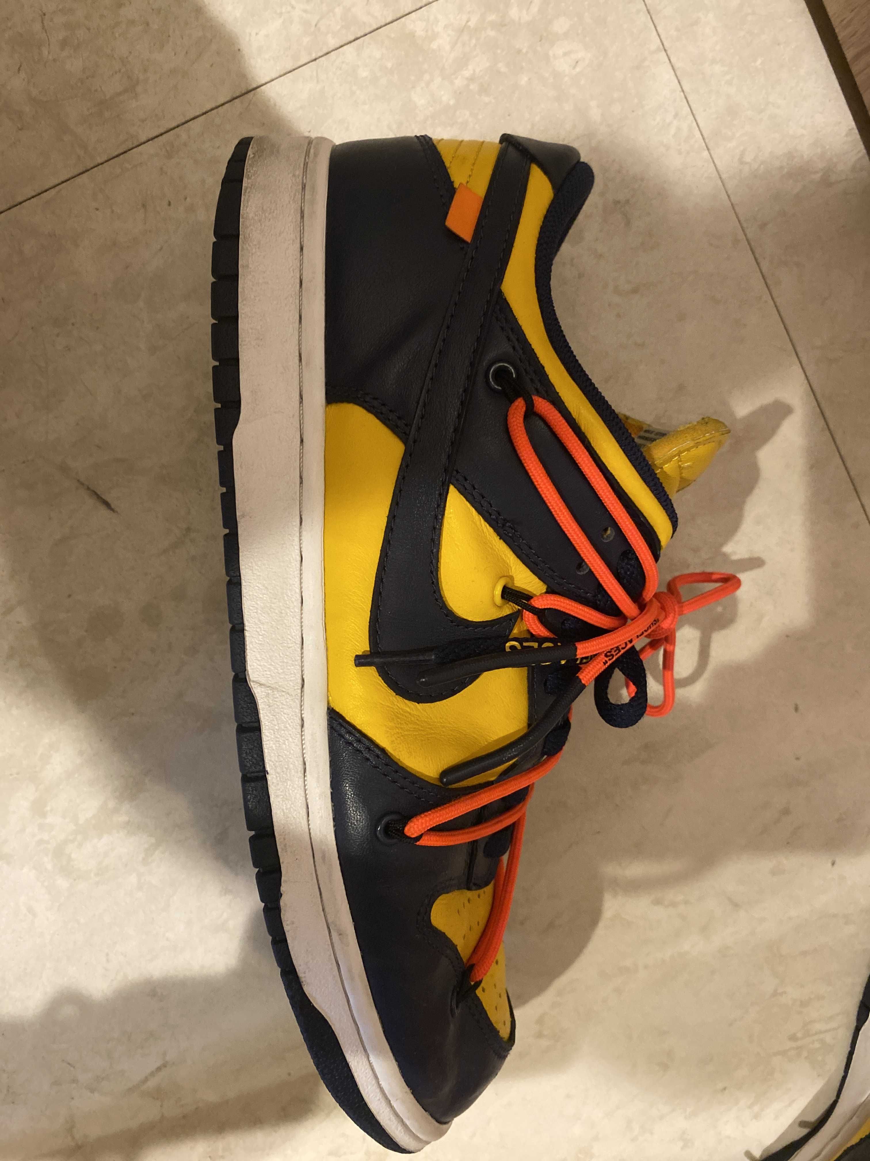 Off-White × Nike Dunk Low  LTHR "University Gold/Midnight Navy/White"