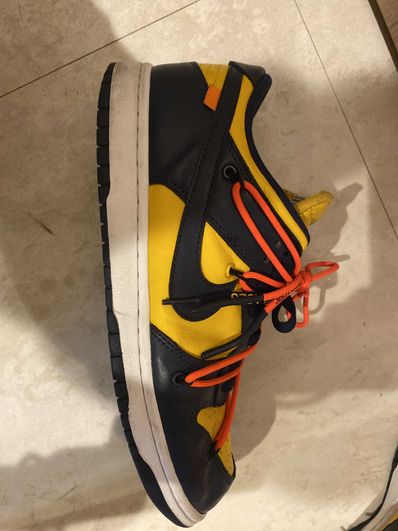 Off-White × Nike Dunk Low LTHR "University Gold/Midnight Navy/White"