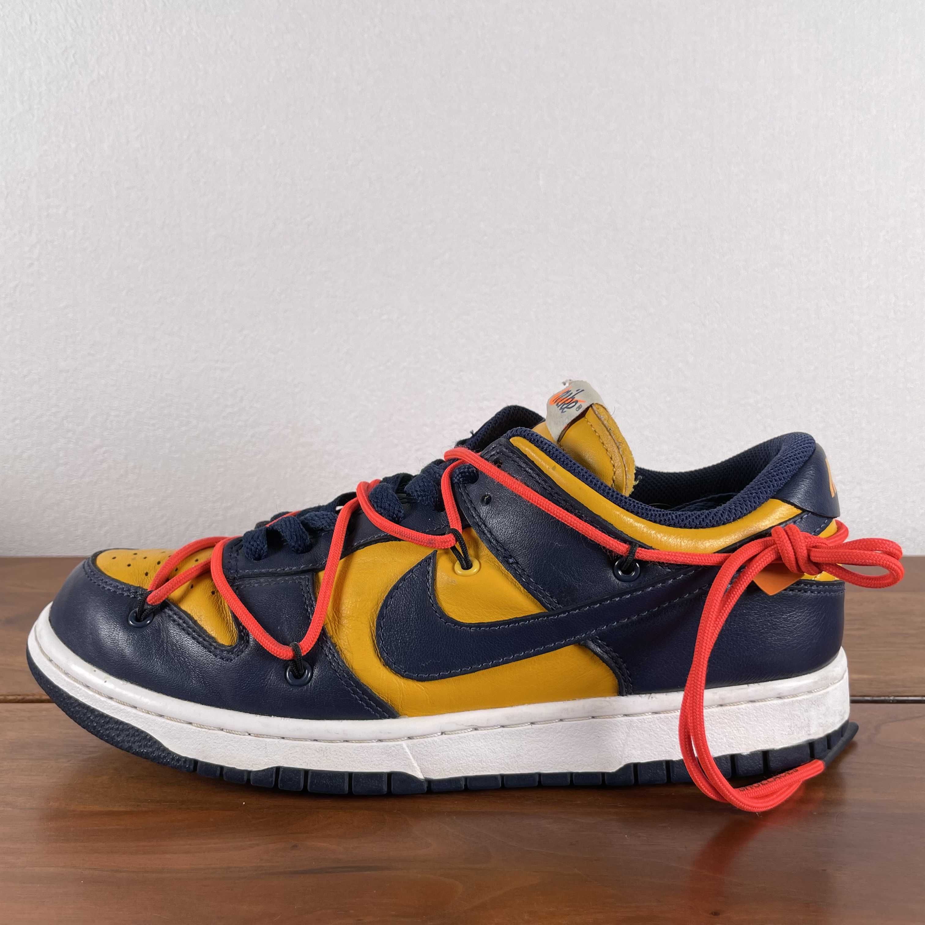 Off-White × Nike Dunk Low LTHR "University Gold/Midnight Navy/White"
