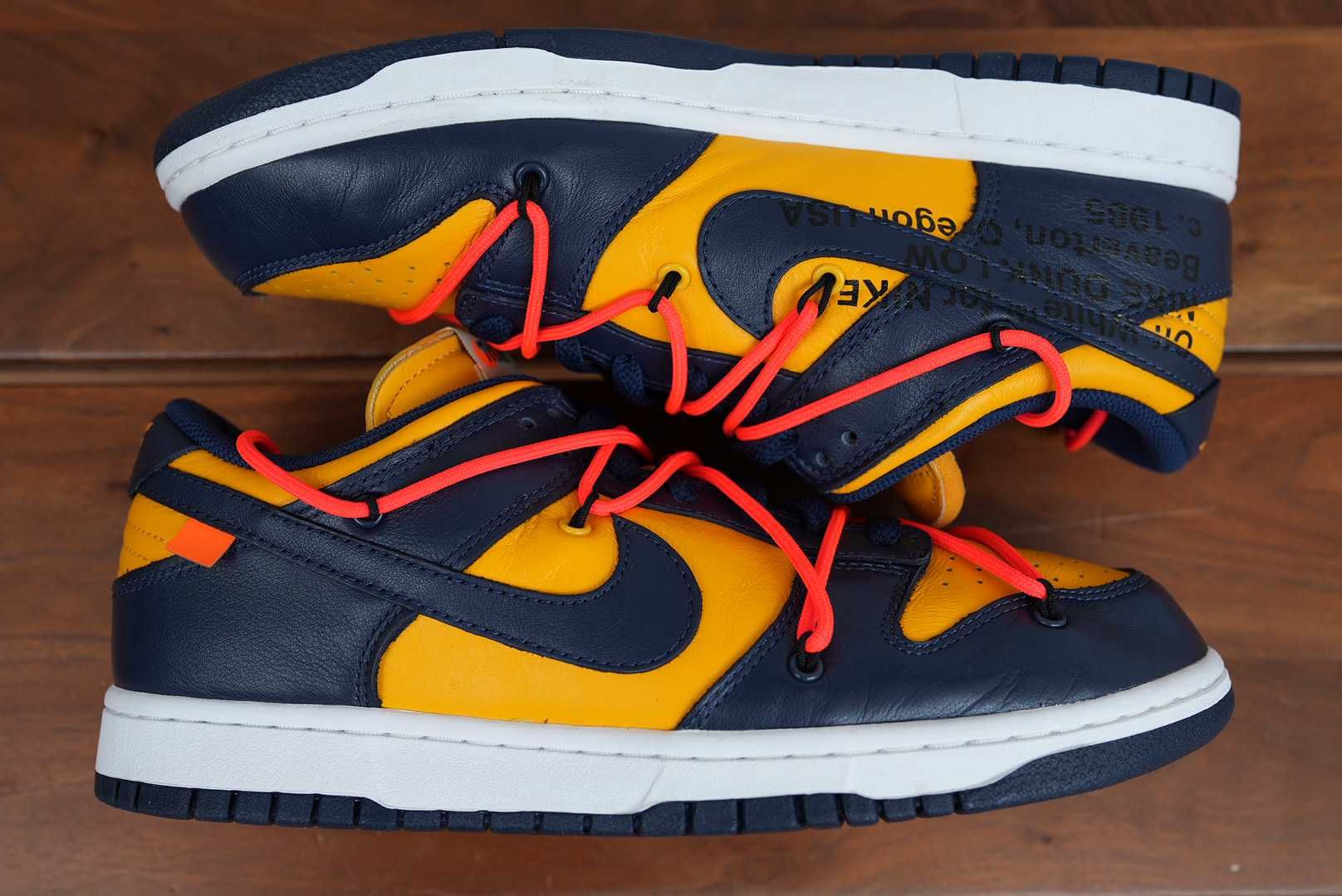 Off-White × Nike Dunk Low  LTHR "University Gold/Midnight Navy/White"