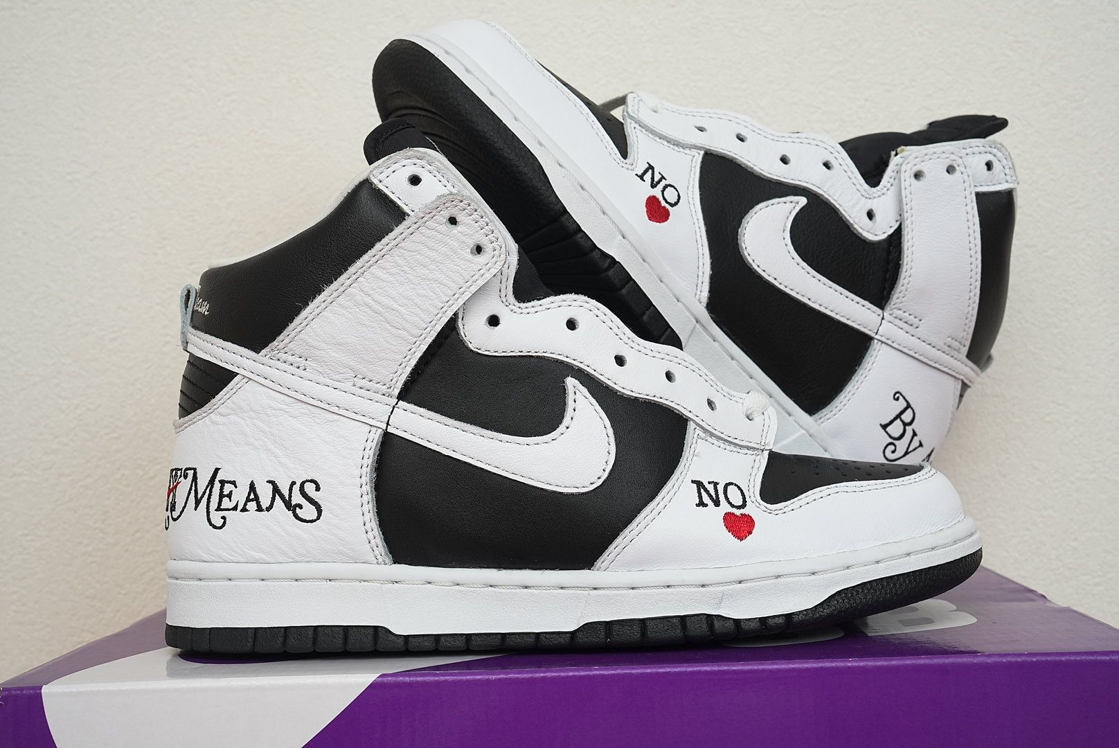 Supreme × Nike SB Dunk High By Any Means "White Black"