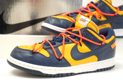 Off-White × Nike Dunk Low LTHR "University Gold/Midnight Navy/White"