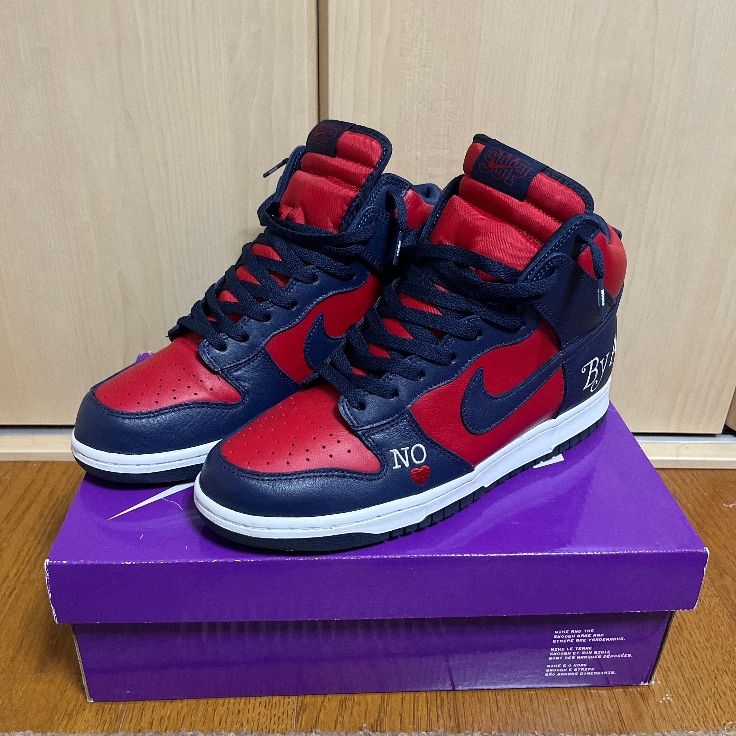 Supreme × Nike SB Dunk High By Any Means "Red/Navy-White"