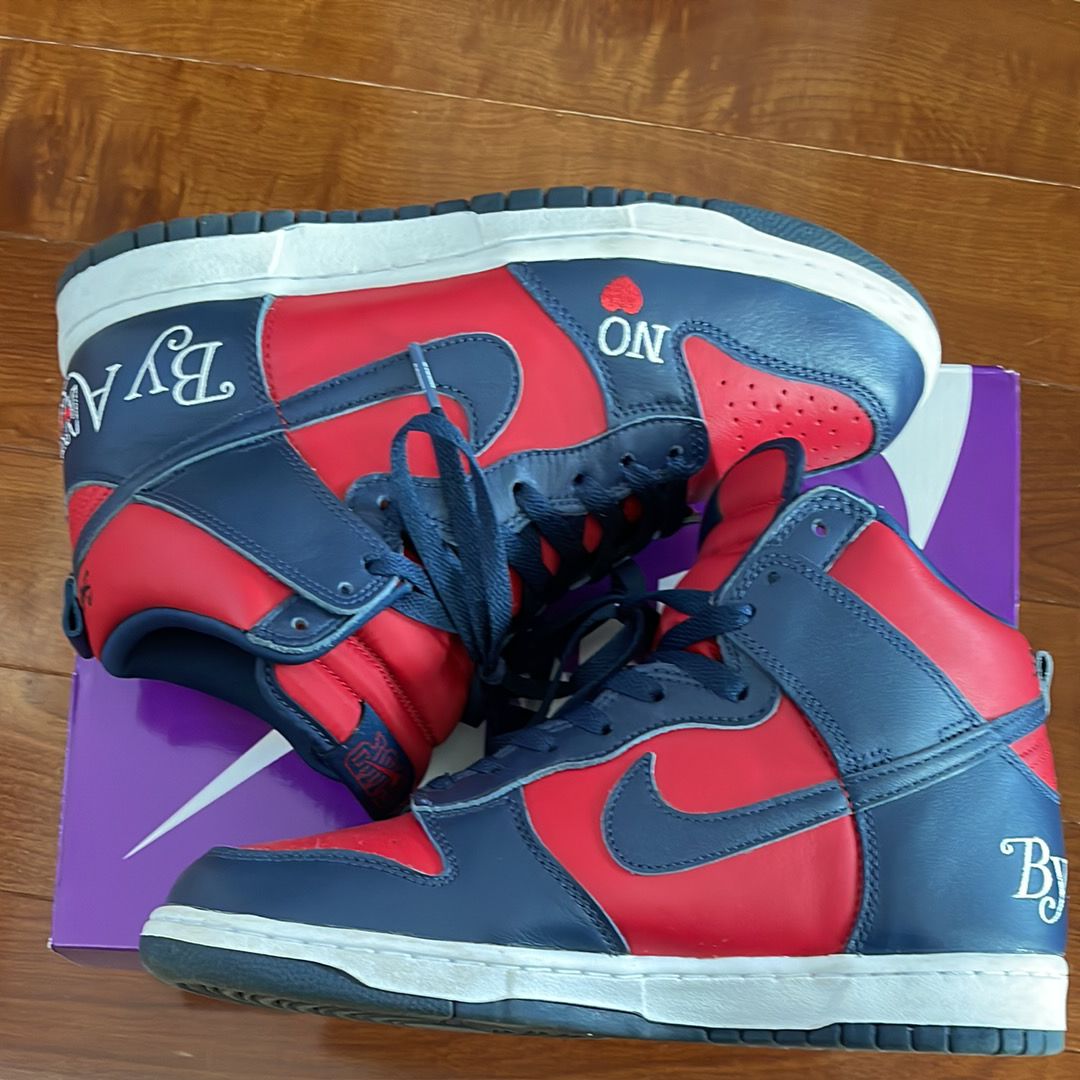 Supreme × Nike SB Dunk High By Any Means "Red/Navy-White"