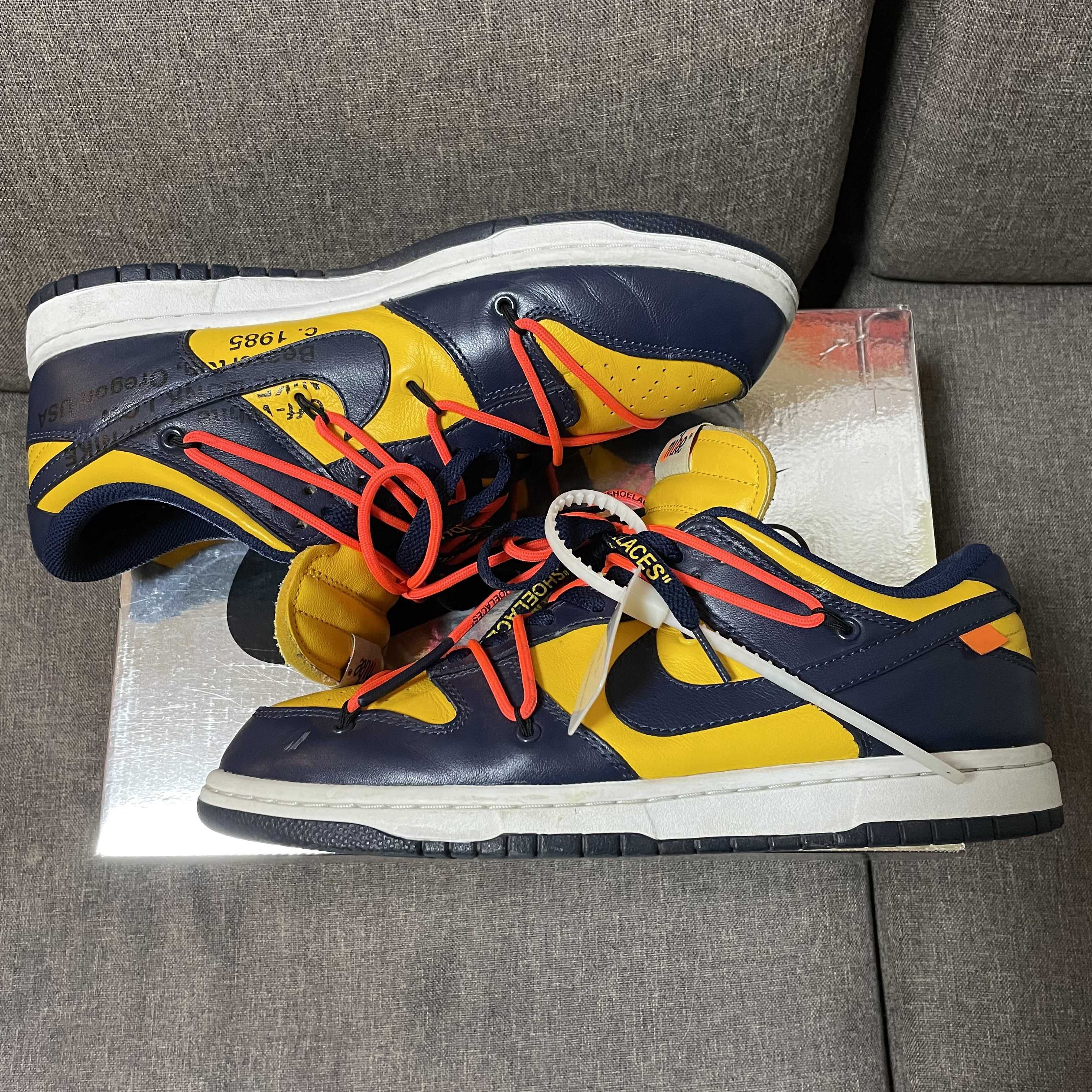 Off-White × Nike Dunk Low LTHR "University Gold/Midnight Navy/White"