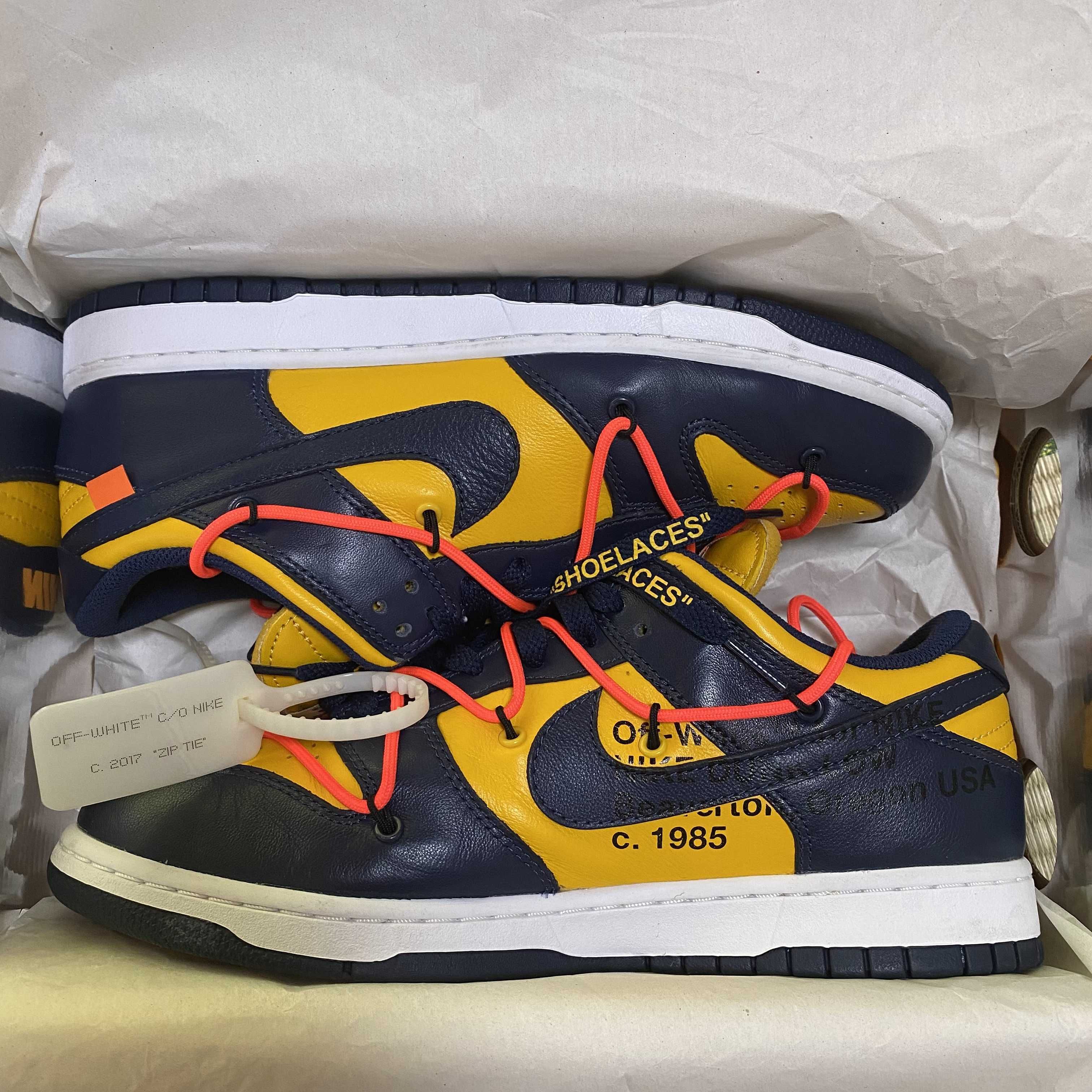 Off-White × Nike Dunk Low LTHR "University Gold/Midnight Navy/White"