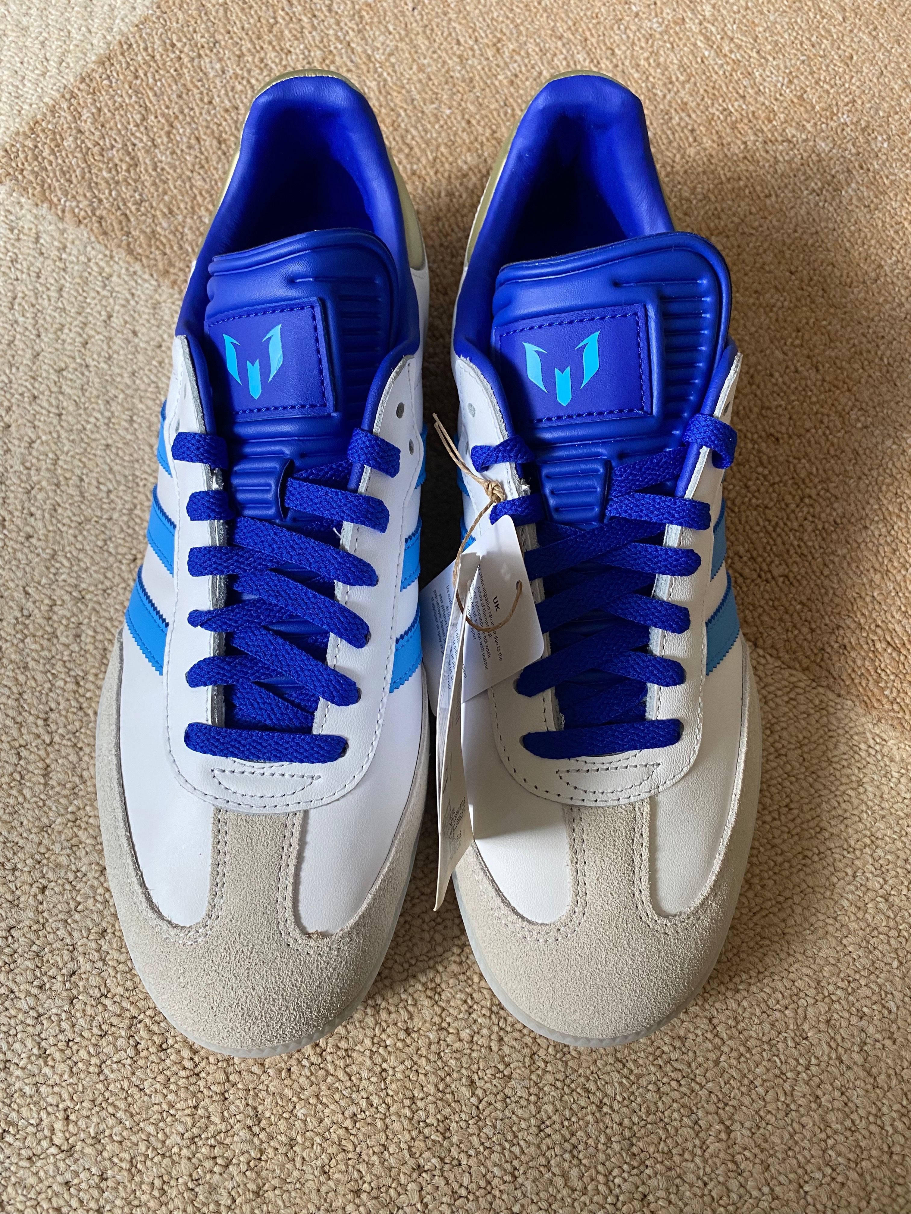 Lionel Messi × adidas Samba "Footwear White/Blue/Metallic Gold"