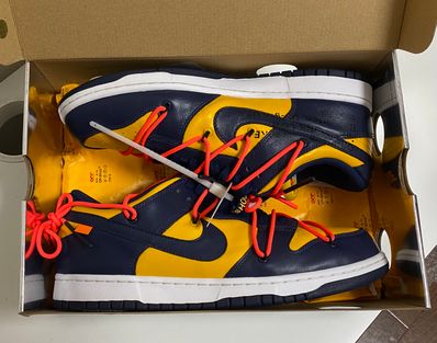 Off-White × Nike Dunk Low LTHR "University Gold/Midnight Navy/White"
