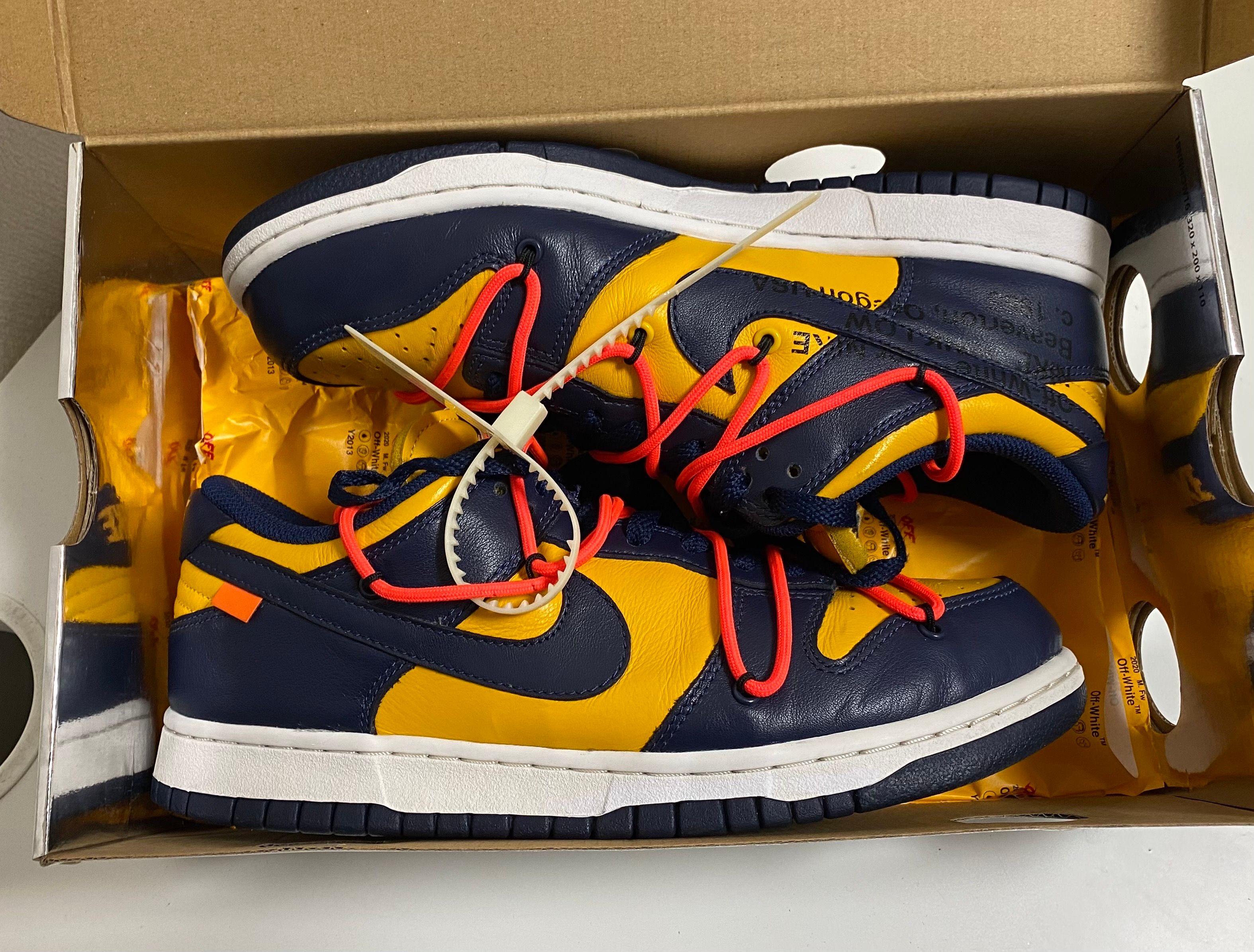 Off-White × Nike Dunk Low LTHR "University Gold/Midnight Navy/White"