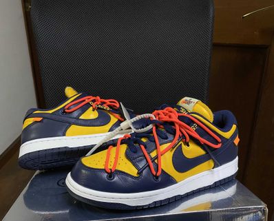 Off-White × Nike Dunk Low LTHR "University Gold/Midnight Navy/White"
