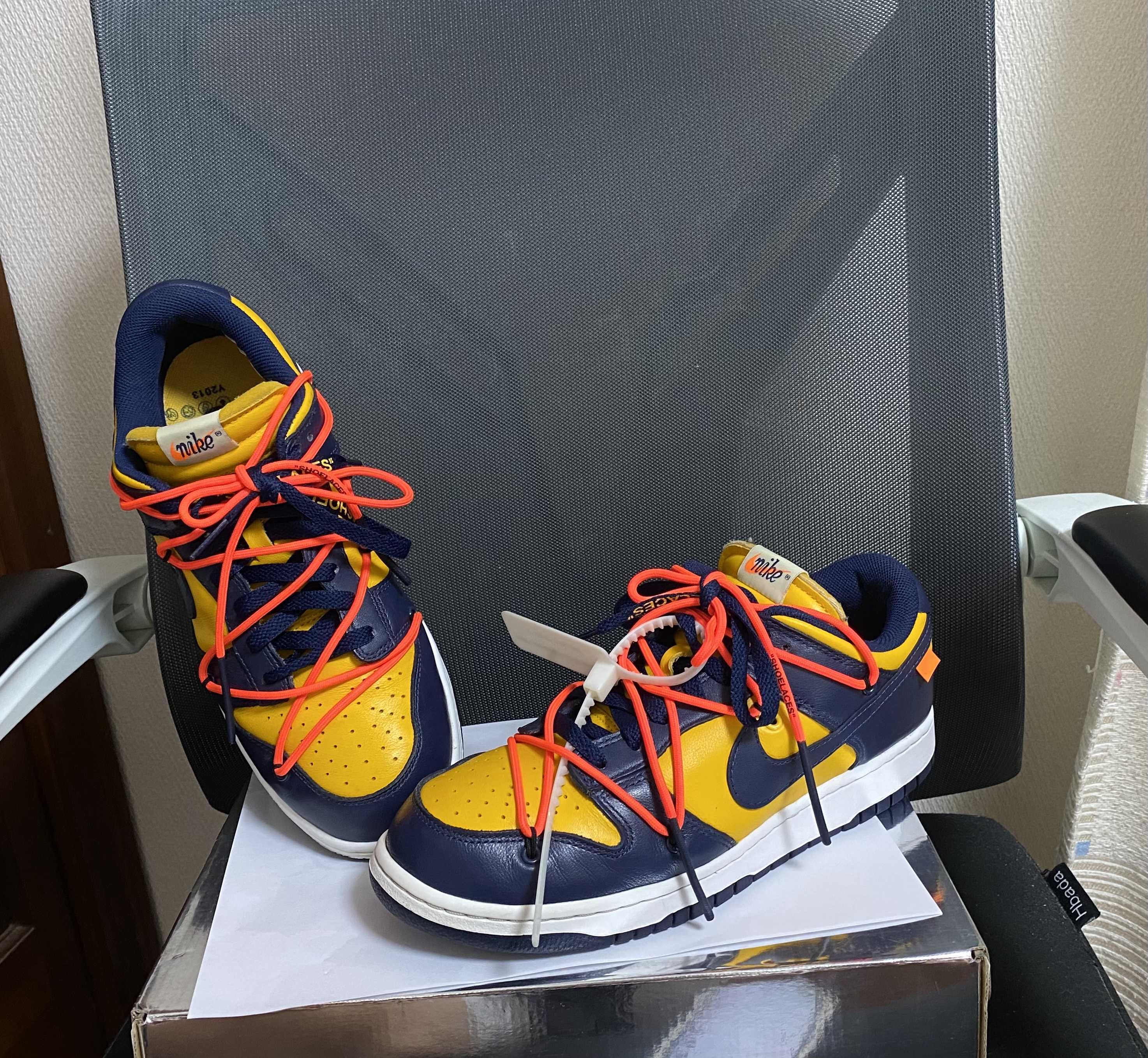 Off-White × Nike Dunk Low LTHR "University Gold/Midnight Navy/White"