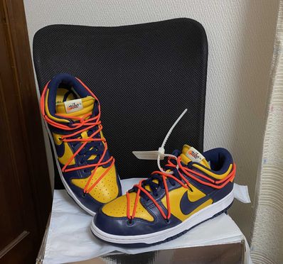Off-White × Nike Dunk Low LTHR "University Gold/Midnight Navy/White"