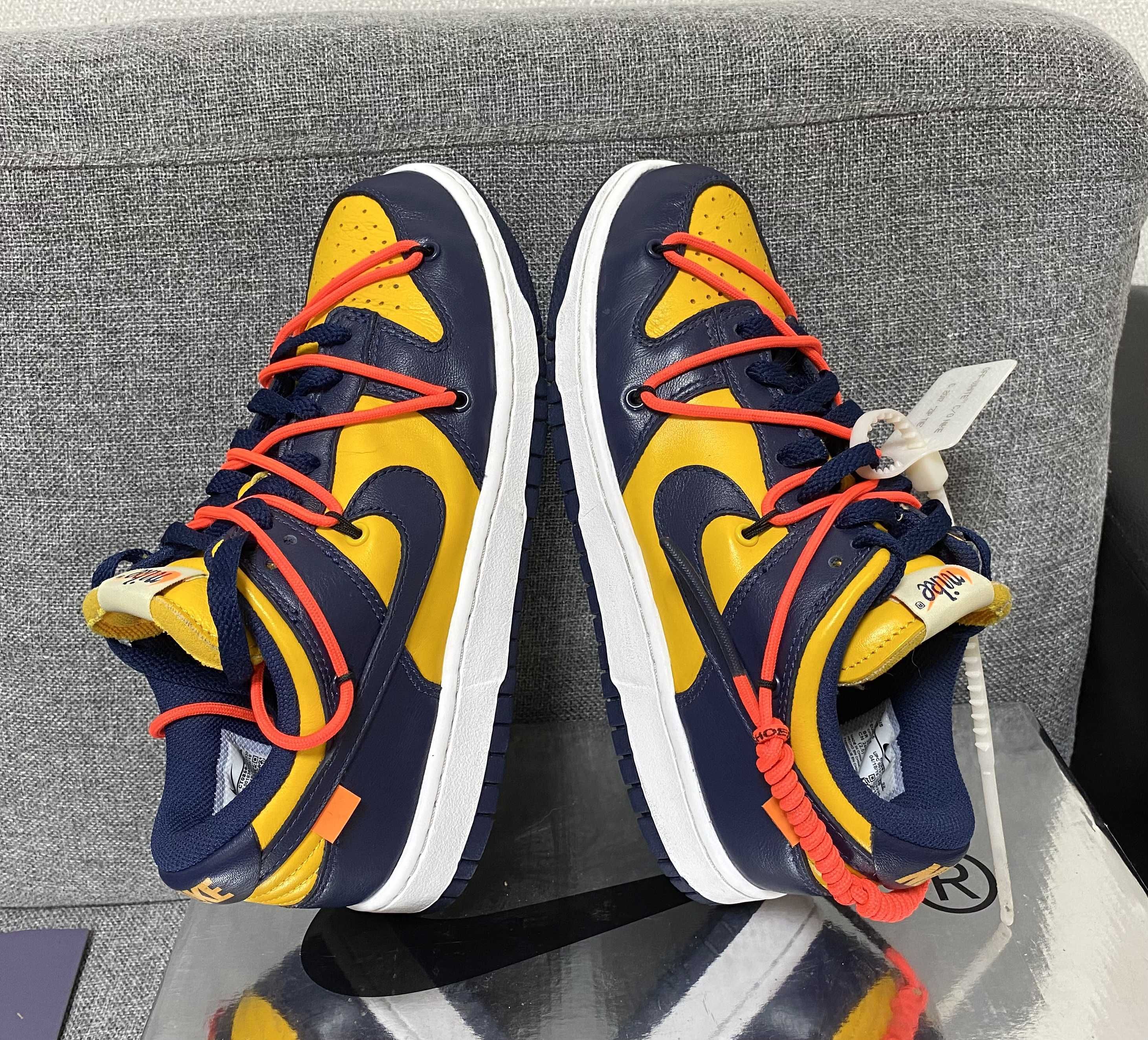 Off-White × Nike Dunk Low LTHR "University Gold/Midnight Navy/White"