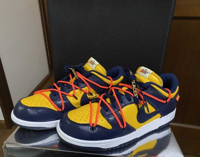 Off-White × Nike Dunk Low LTHR "University Gold/Midnight Navy/White"