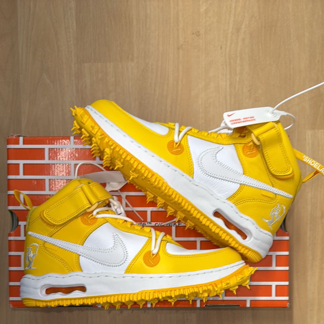 Off-White × Nike Air Force 1 Mid SP LTHR "White and Varsity Maize"