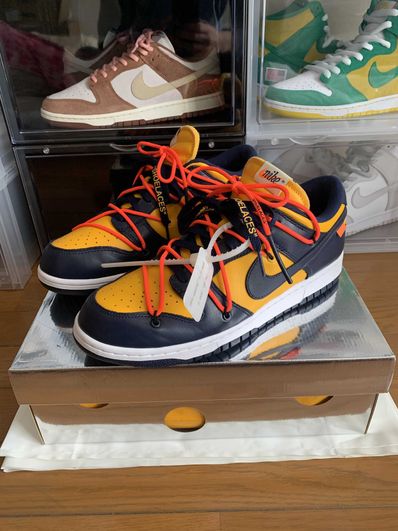 Off-White × Nike Dunk Low LTHR "University Gold/Midnight Navy/White"