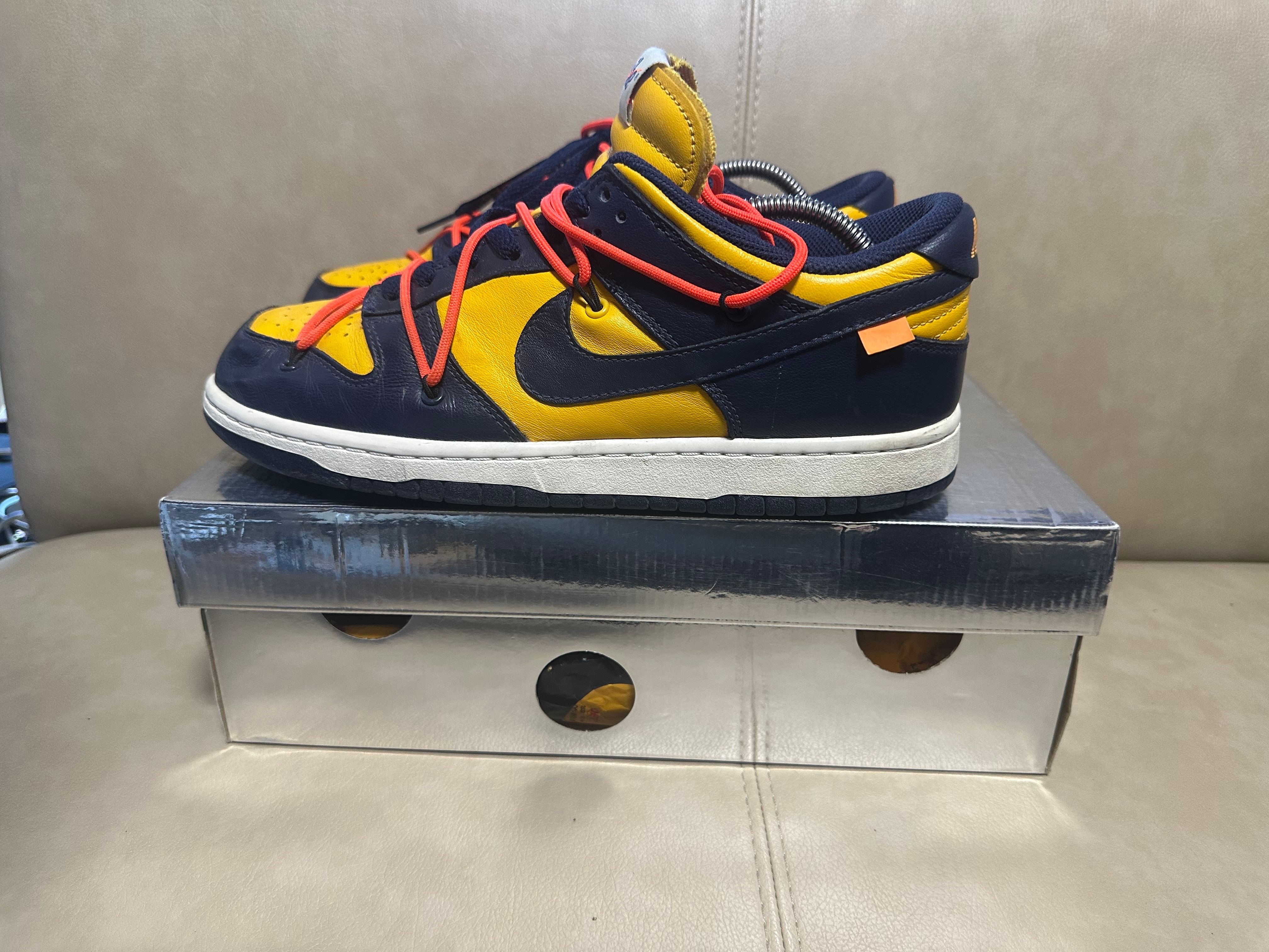 Off-White × Nike Dunk Low LTHR "University Gold/Midnight Navy/White"