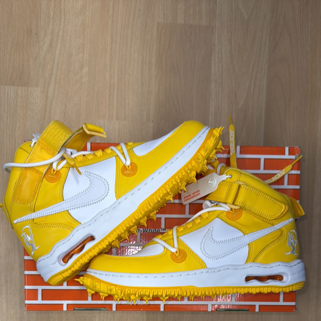 Off-White × Nike Air Force 1 Mid SP LTHR "White and Varsity Maize"