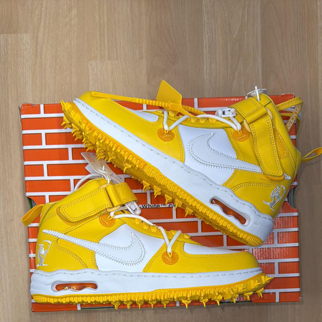 Off-White × Nike Air Force 1 Mid SP LTHR "White and Varsity Maize"