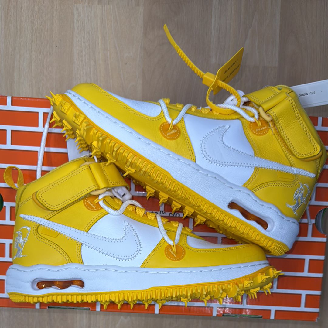 Off-White × Nike Air Force 1 Mid SP LTHR "White and Varsity Maize"