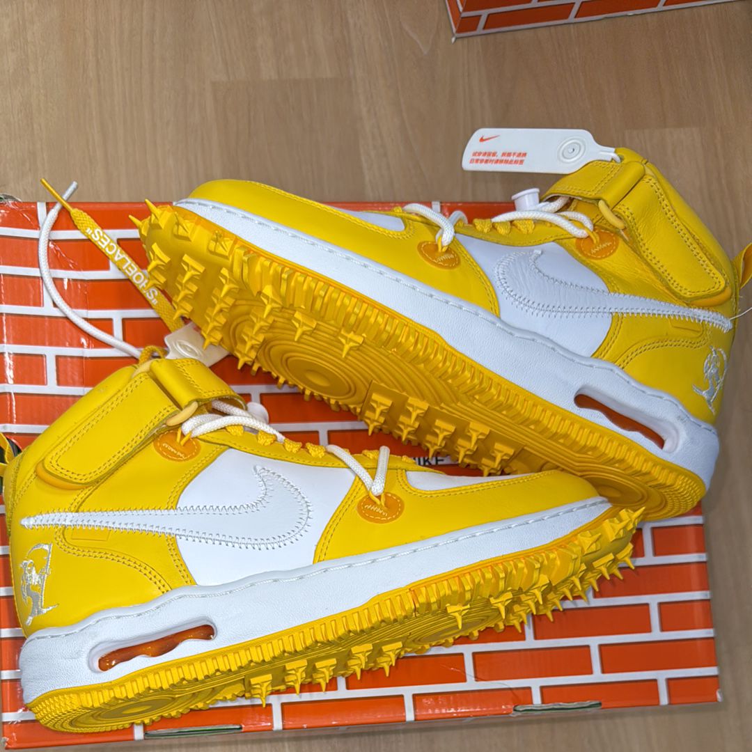 Off-White × Nike Air Force 1 Mid SP LTHR "White and Varsity Maize"