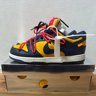 Off-White × Nike Dunk Low LTHR "University Gold/Midnight Navy/White"