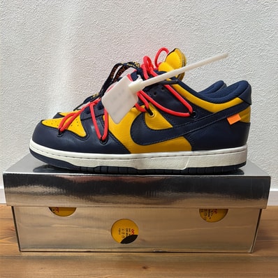 Off-White × Nike Dunk Low LTHR "University Gold/Midnight Navy/White"