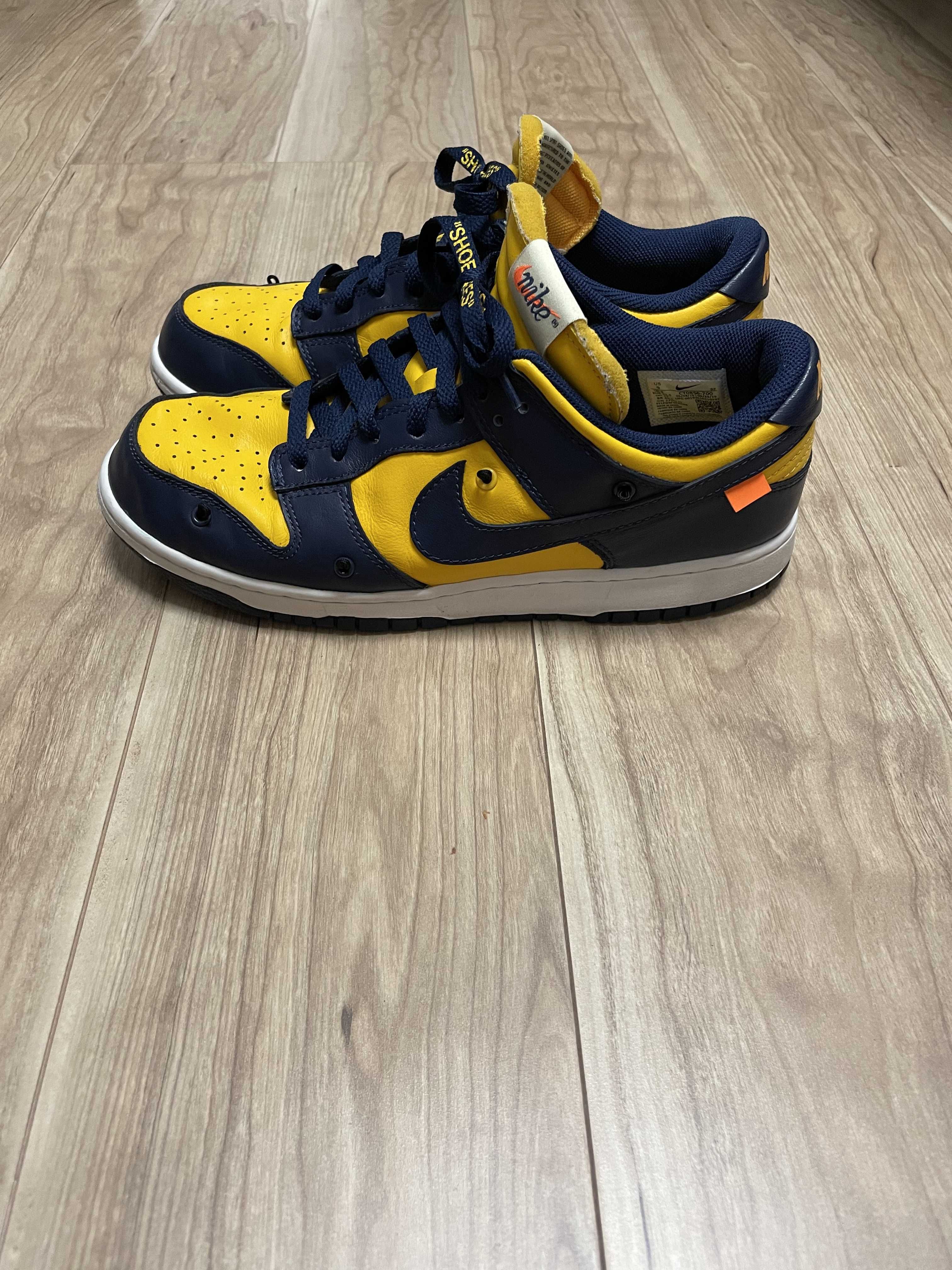 Off-White × Nike Dunk Low LTHR "University Gold/Midnight Navy/White"
