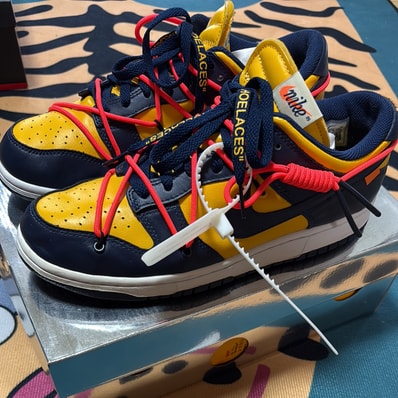 Off-White × Nike Dunk Low LTHR "University Gold/Midnight Navy/White"