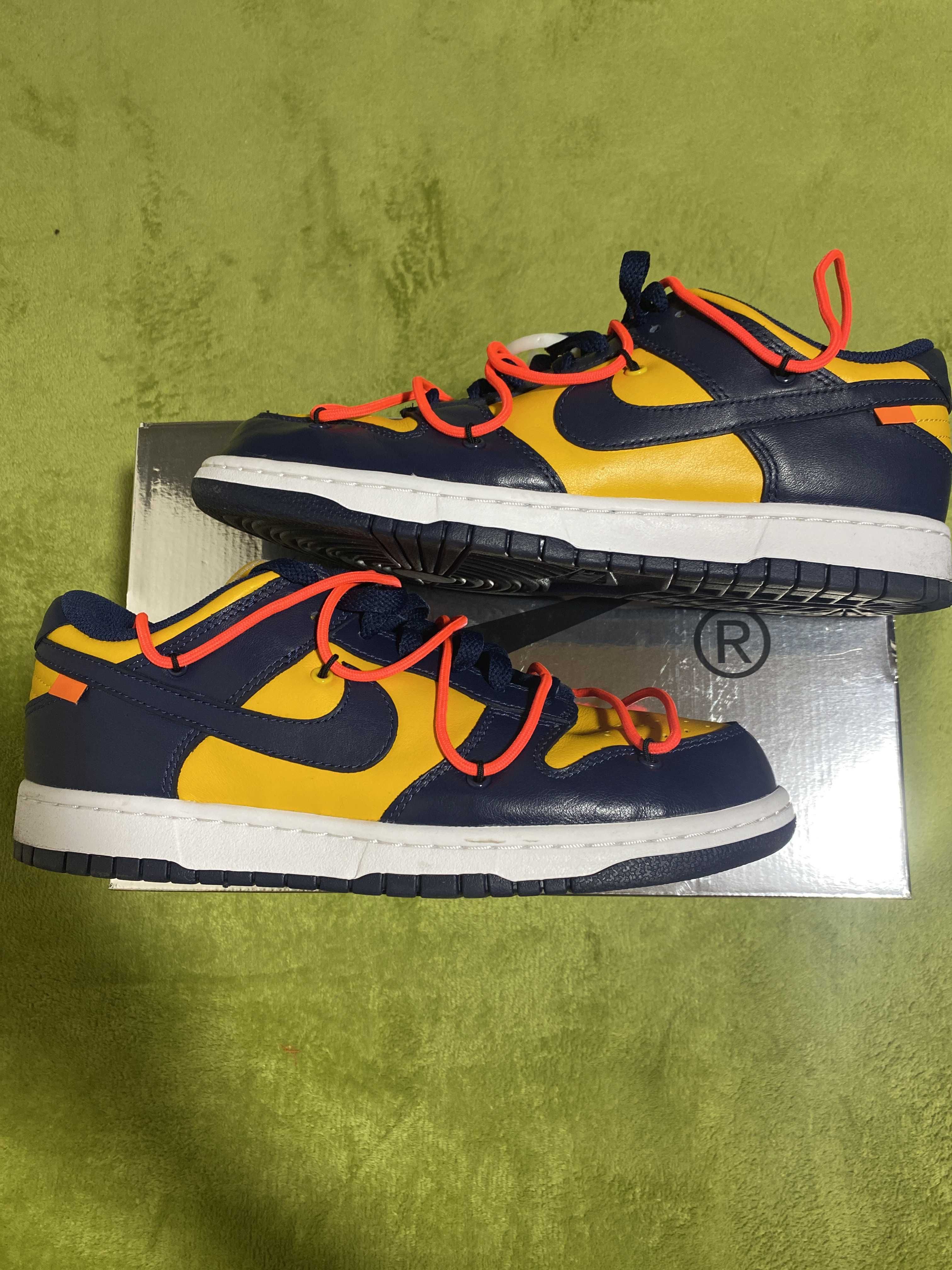 Off-White × Nike Dunk Low  LTHR "University Gold/Midnight Navy/White"