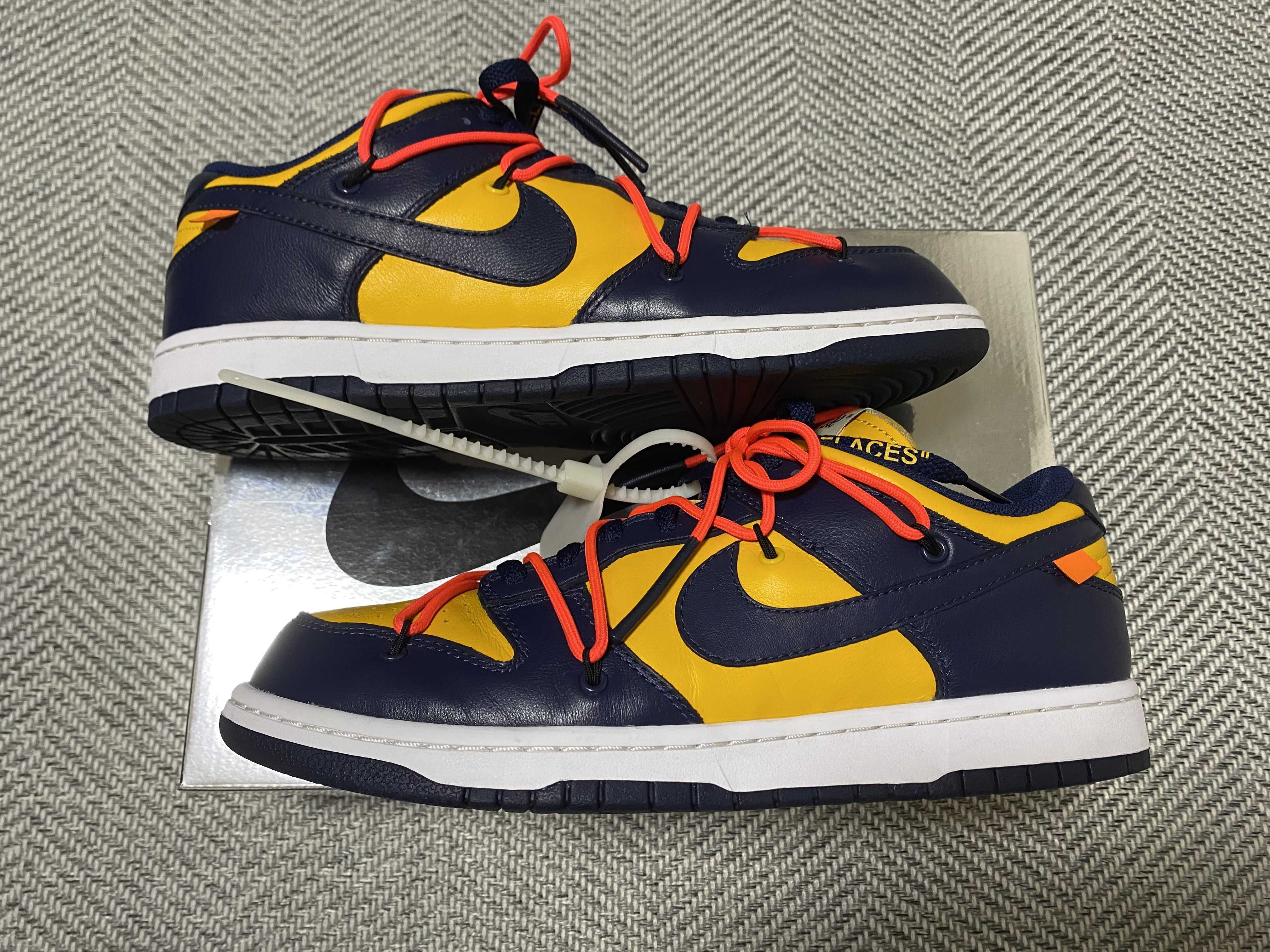Off-White × Nike Dunk Low  LTHR "University Gold/Midnight Navy/White"