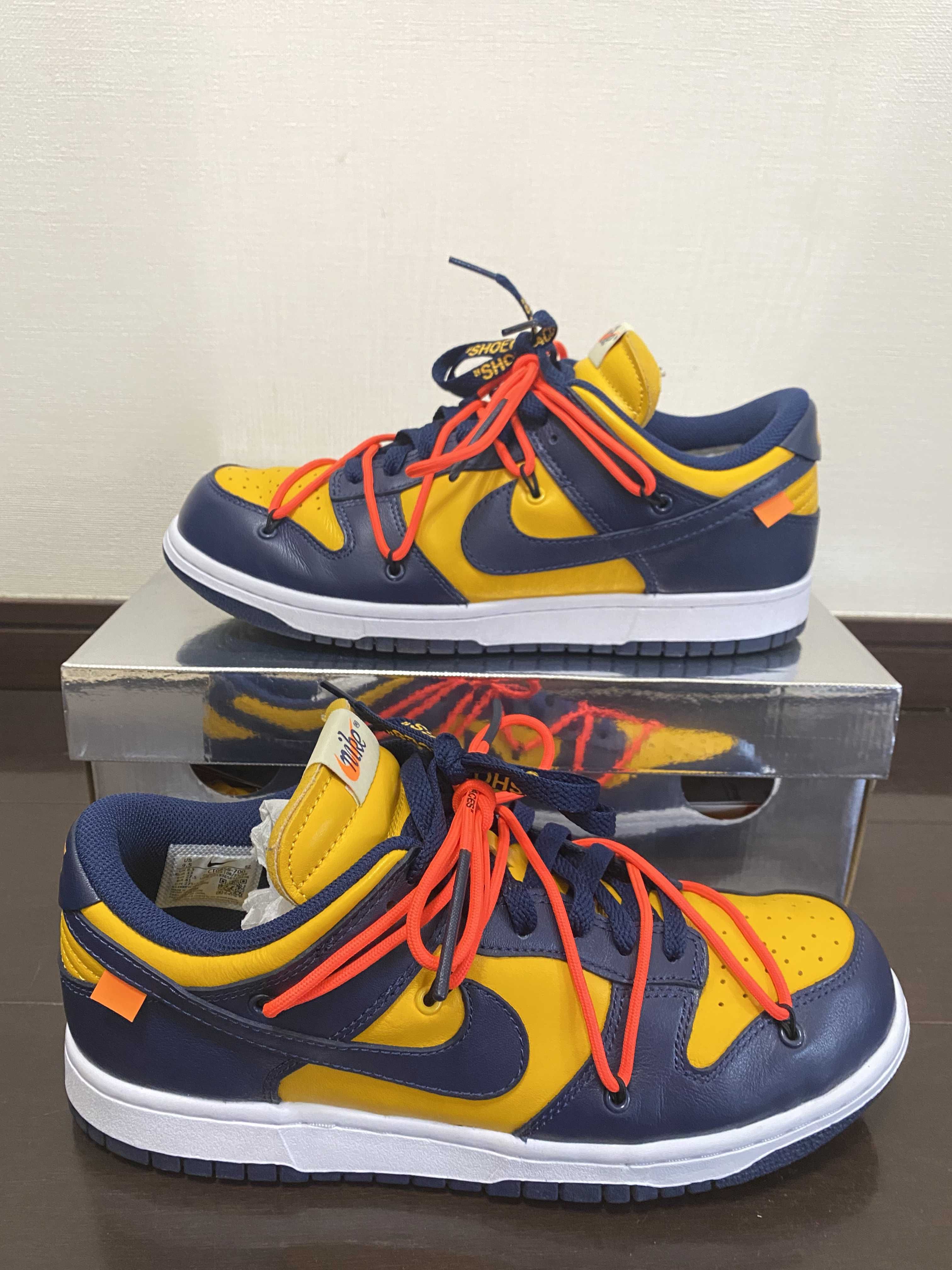 Off-White × Nike Dunk Low  LTHR "University Gold/Midnight Navy/White"