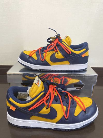 Off-White × Nike Dunk Low LTHR "University Gold/Midnight Navy/White"