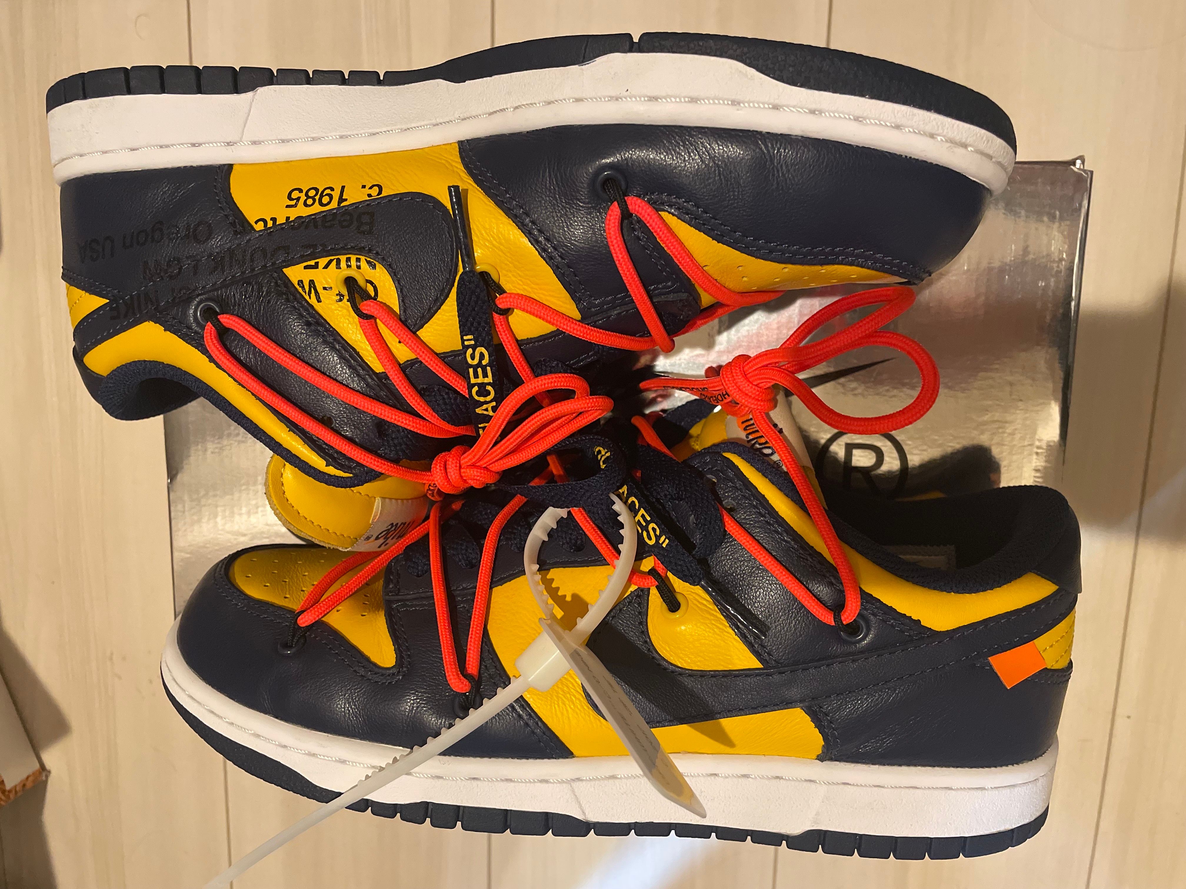 Off-White × Nike Dunk Low  LTHR "University Gold/Midnight Navy/White"