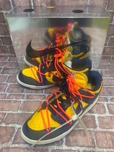 Off-White × Nike Dunk Low LTHR "University Gold/Midnight Navy/White"