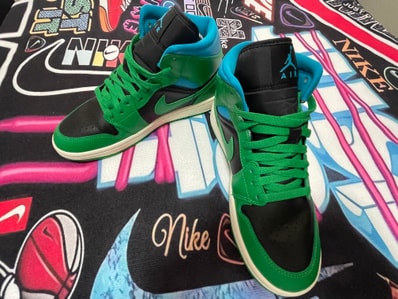 Nike Women's Air Jordan 1 Mid "Black/Lucky Green and Aquatone"